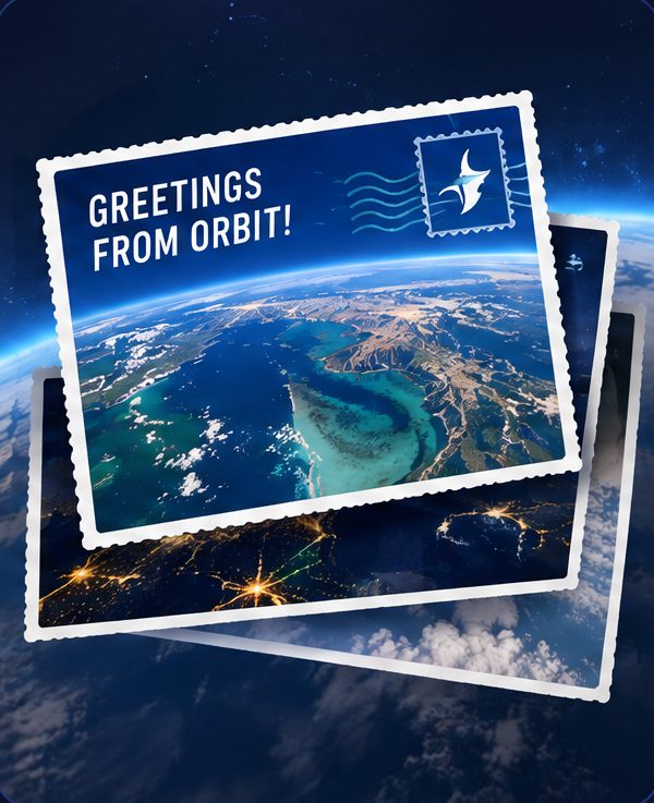 A stack of postcards from orbit reading Greetings from orbit