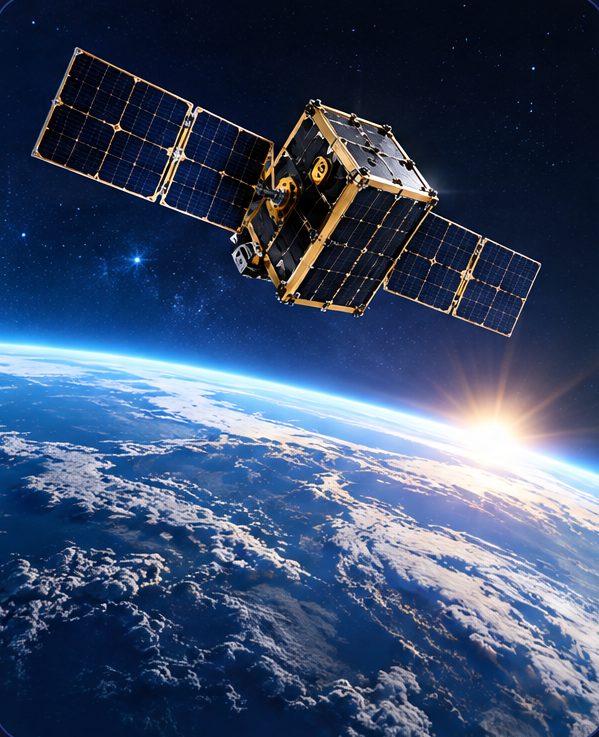 A satellite orbiting above Earth at sunrise