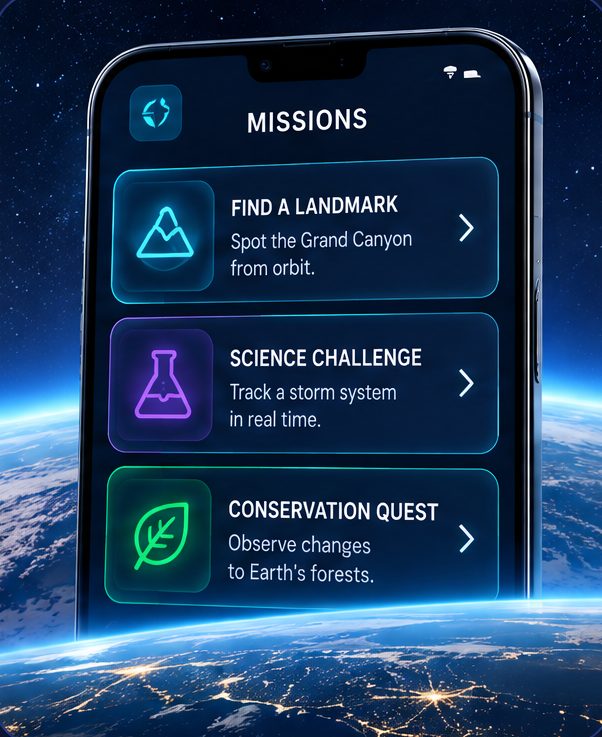 The Missions screen with landmark, science and conservation challenges