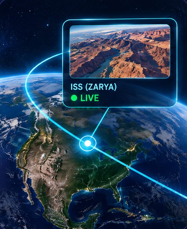 A live satellite track over North America with a view of the canyon below